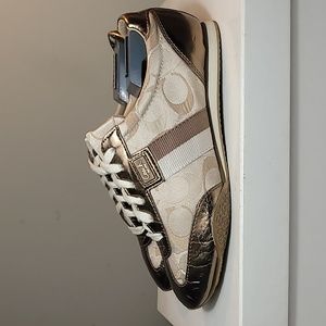Coach Kinsley bronze and cream leather and canvas signature sneakers size 5.5M